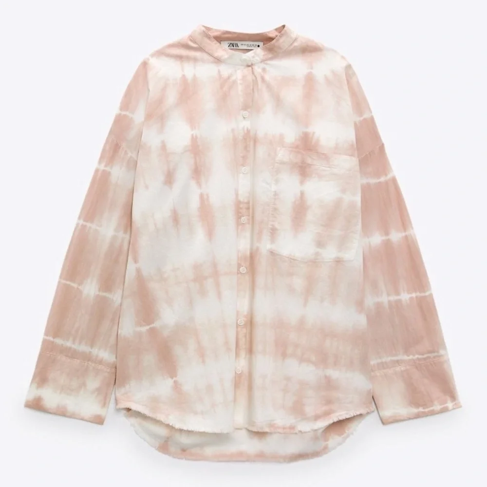NWT - Zara Pink and White Tie Dye Button Front Long Sleeve Woven Top sz …